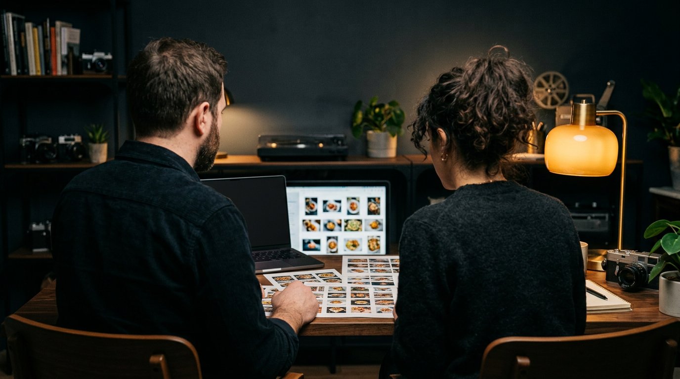 Equipo revisando contenido gastronómico para un proyecto de hostelería