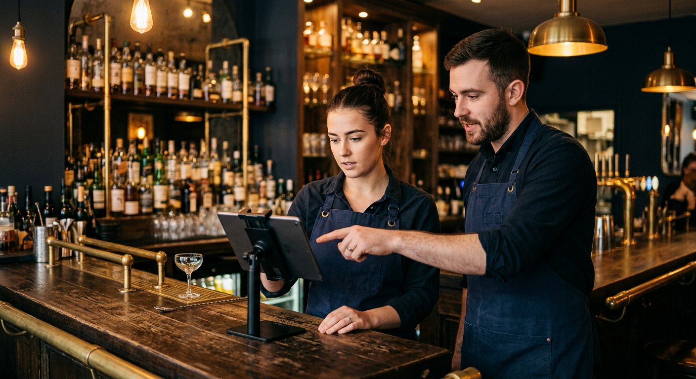 Equipo de sala formándose con una tablet tras la barra del local